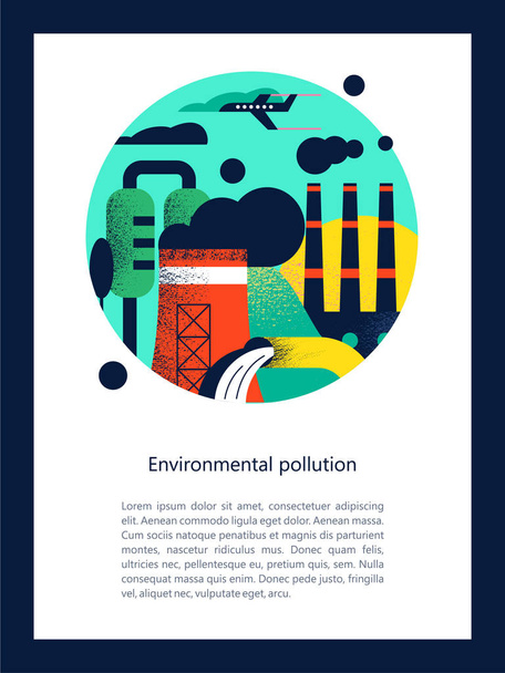 Ρύπανση του περιβάλλοντος από επιβλαβείς εκπομπές στην ατμόσφαιρα και το νερό. Εργοστάσια, καπνοδόχοι καπνίσματος, η απόρριψη επιβλαβών αποβλήτων στον ποταμό θα μπορούσε. Διανυσματικά πολύχρωμα εικονογράφηση με υφές με χώρο για κείμενο. - Διάνυσμα, εικόνα