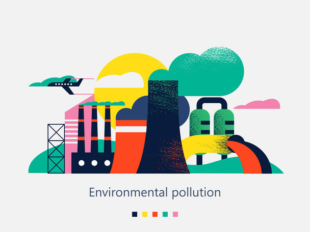 Szennyezés a környezet káros kibocsátások a légkörbe és a vízbe. Gyárak, dohányzás kémények, a kibocsátás a káros hulladékok a folyóba is. Vektor színes illusztráció textúrákat helyet a szöveg. - Vektor, kép