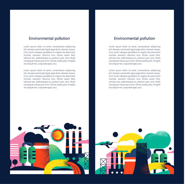 Pollution of the environment by harmful emissions into the atmosphere and water. Factories, Smoking chimneys, the discharge of harmful wastes into the river could. Vector colorful illustration with textures with space for text. - Vector, Image