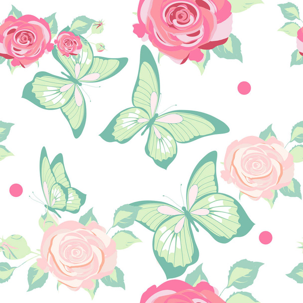 Seamless pattern pattern with roses and butterflies on white background  - Vector, Image