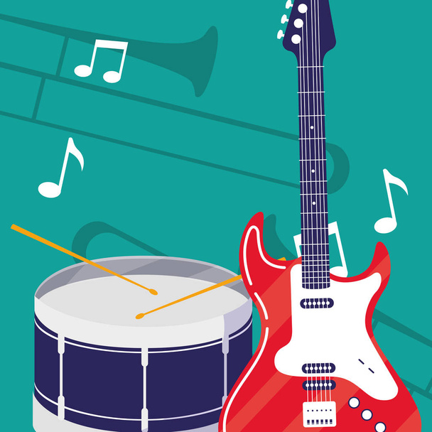 guitar electric and drum instruments musical - Vector, Image