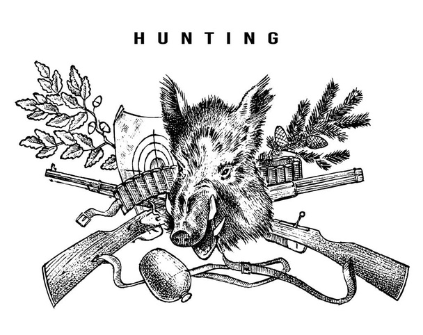 Hunting club banner. Boar and rifle background. Hunter Characters. Hand drawn engraved vintage sketch for emblem, badge and labels. - Vector, Image