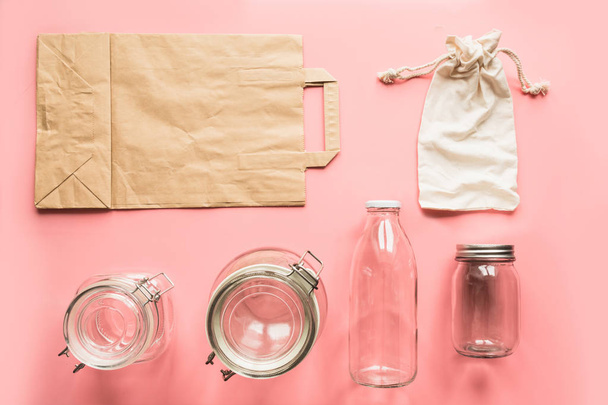 Set of jars and paper bag for zero waste storage and shopping. - Фото, зображення