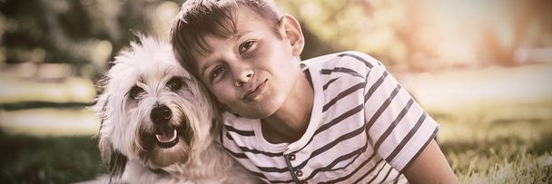 Portrait of boy with dog in park on sunny a day - Foto, immagini