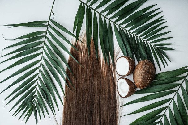 Long hair, coconut and tropical leaves on white background - Foto, afbeelding