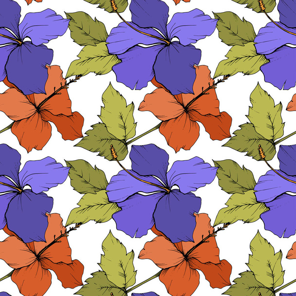 Vector Hibiscus bloemen botanische bloem. Gegraveerde inkt art. Naadloze achtergrondpatroon. Structuur behang print textuur. - Vector, afbeelding
