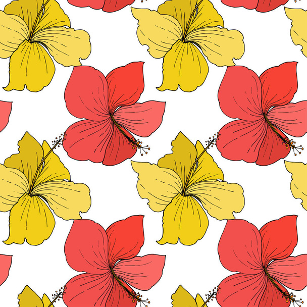 Vector Hibiscus floral tropical flowers. Engraved ink art on white background. Seamless background pattern. - Вектор,изображение