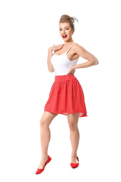 Beautiful pin-up woman on white background - 写真・画像