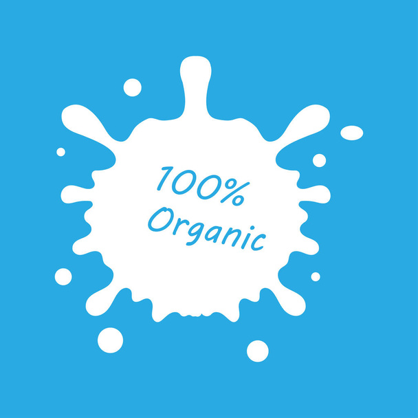 Mléko šplouchne 100 procent organické. Ikona mléka na modrém pozadí. Plochý design - Vektor, obrázek