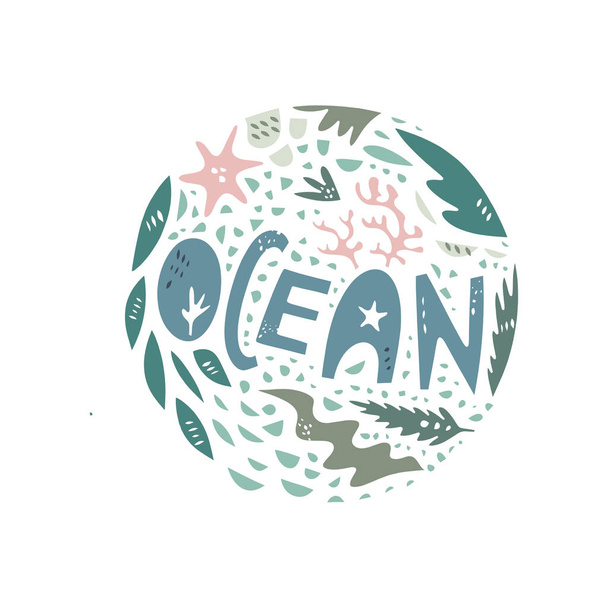 Cute hand drawn color vector circle pattern. Lettering cartoon style. Sketch sea composition - Vektor, obrázek
