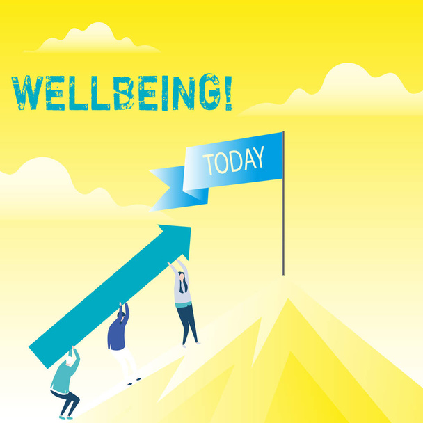 Handwriting text Wellbeing. Concept meaning Healthy lifestyle conditions of showing life work balance People Holding Arrow Going Up the Mountain. Blank Banner on Pole at the Peak. - Photo, Image
