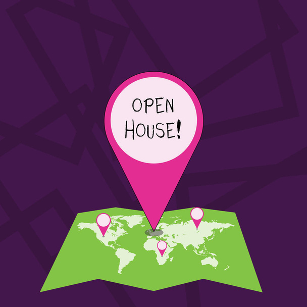 Szöveges jel mutatja Open House. Fogalmi Fotó hely vagy helyzet, amelyben minden látogató szívesen jön színes hatalmas helye marker PIN mutatva a terület vagy a GPS-cím a térképen. - Fotó, kép