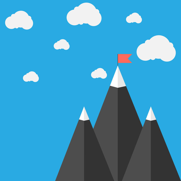 Big mountains with snow, red flag and white clouds on a blue background. Vector illustration - Vector, Image