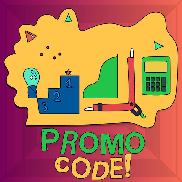 A promóciós kódot mutató írásjegyzet. Üzleti fotó bemutató, amely betűk számát a fogyasztók kaphatnak kedvezményt készlet cél ikonok tervezés, haladás és elismerés. - Fotó, kép