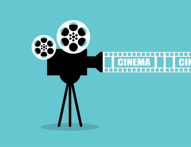 Cinema poster template on blue background. Tape movie with camera - Vector, afbeelding