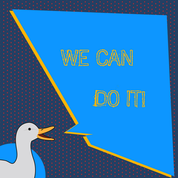 Text sign showing We Can Do It. Conceptual photo see yourself as powerful capable demonstrating photo of Duck Speaking with Uneven Shape Blank Blue Speech Balloon. - Photo, Image