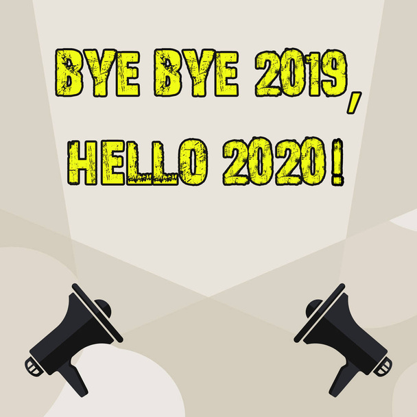 Conceptual hand writing showing Bye Bye 2019 Hello 2020. Business photo showcasing saying goodbye to last year and welcoming another good one Blank Spotlight Crisscrossing Upward Megaphones on the - Photo, Image