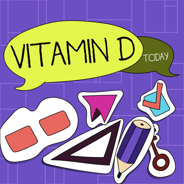 Handwriting text Vitamin D. Concept meaning Benefits of sunbeam exposure and certain fat soluble nutriments Two Blank Colorful Speech Balloon and Different Labels Sticker Style Icons. - Photo, Image