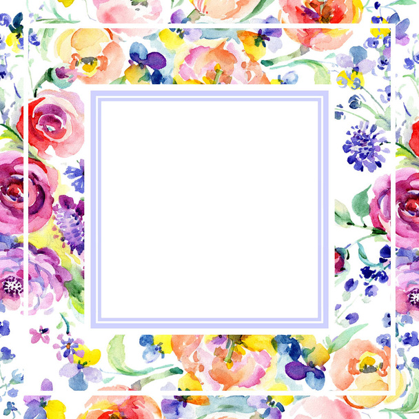 rosa Rosenstrauß florale botanische Blumen. Aquarell Hintergrundillustration Set. Rahmen Rand Ornament Quadrat. - Foto, Bild