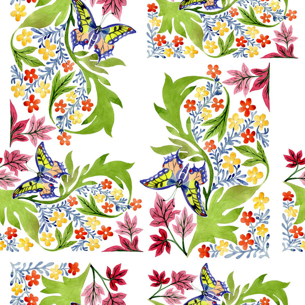 Ornament orange and yellow floral botanical flowers. Watercolor illustration set. Seamless background pattern. - Foto, imagen