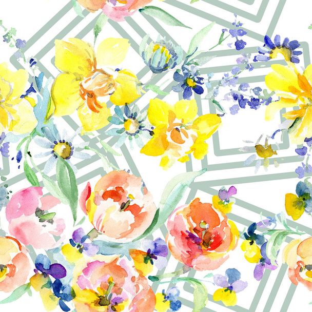 rosa Rosenstrauß florale botanische Blumen. Aquarell Hintergrundillustration Set. nahtloses Hintergrundmuster. - Foto, Bild