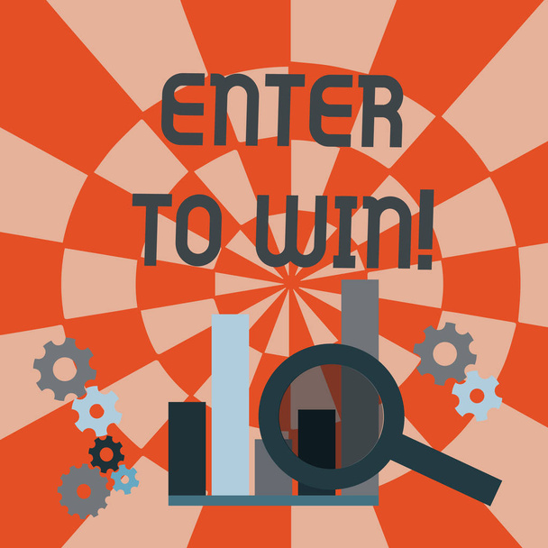 Text sign showing Enter To Win. Conceptual photo exchanging something value for prize chance winning prize Magnifying Glass Over Bar Column Chart beside Cog Wheel Gears for Analysis. - Photo, Image