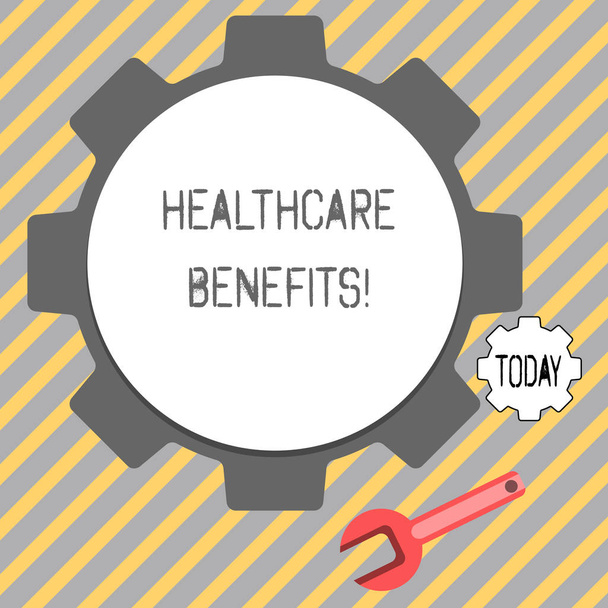 Writing note showing Healthcare Benefits. Business photo showcasing monthly fair market valueprovided to Employee dependents Wheel Gear and Wrench Mechanical Tool for SEO and Web Icon. - Photo, Image