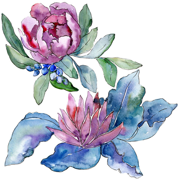 Purple bouquet foral botanical flowers. Watercolor background set. Isolated bouquet illustration element. - Photo, Image