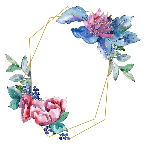 Bouquet viola fiore botanico floreale. Acquerello sfondo illustrazione set. Quadrato ornamento bordo cornice
. - Foto, immagini