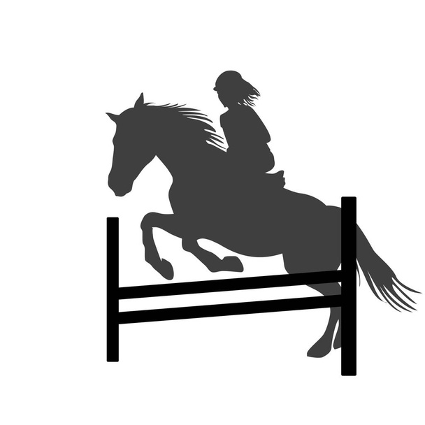 Σιλουέτα ενός αναβάτη κορίτσι σε άλογο άλμα πάνω από το εμπόδιο - Διάνυσμα, εικόνα