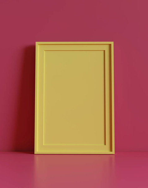 Blank picture frame with table and wall background. 3D rendering. - Photo, Image