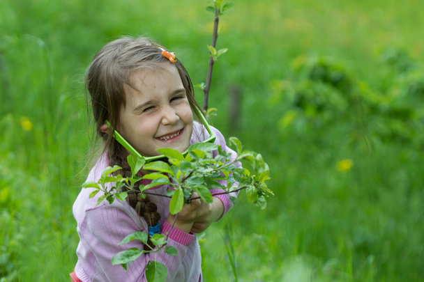 Menina com óculos posando na grama - tempo de primavera - Foto, Imagem