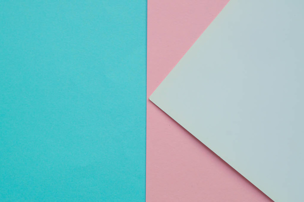 Blue, pink and white color paper geometric flat lay three background next - Photo, Image