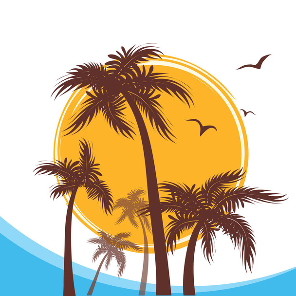 Isla tropical paradisíaca con silueta de palmeras y sol.Vector sy
 - Vector, imagen