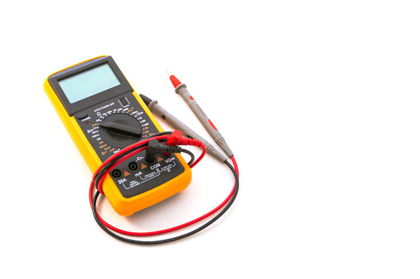 Digital multimeter with red and black probe, display turned off. Isolated on a white background with a clipping path.  - Photo, Image