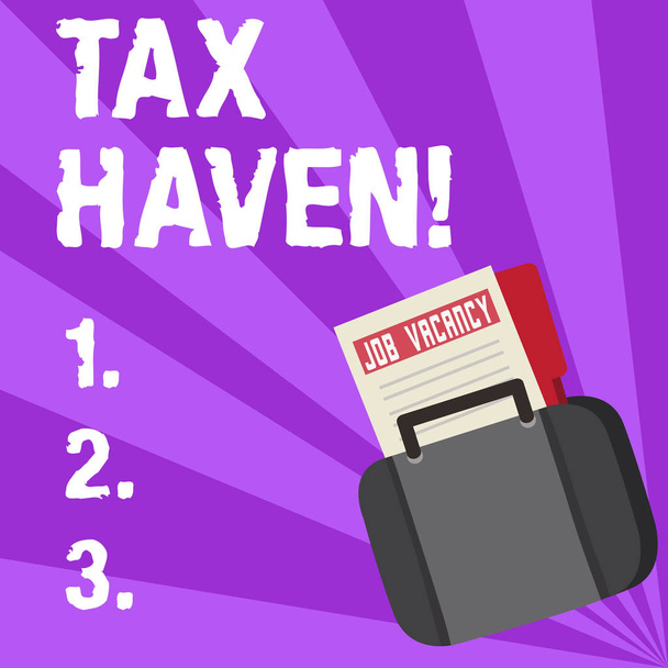 Käsiala teksti kirjallisesti Tax Haven. Käsitteellä tarkoitetaan maata tai itsenäistä aluetta, jossa veroja kannetaan alhaisella verokannalla Ilmoituslomakekansio työllistymismahdollisuuksista Tucked Inside Salkku
. - Valokuva, kuva