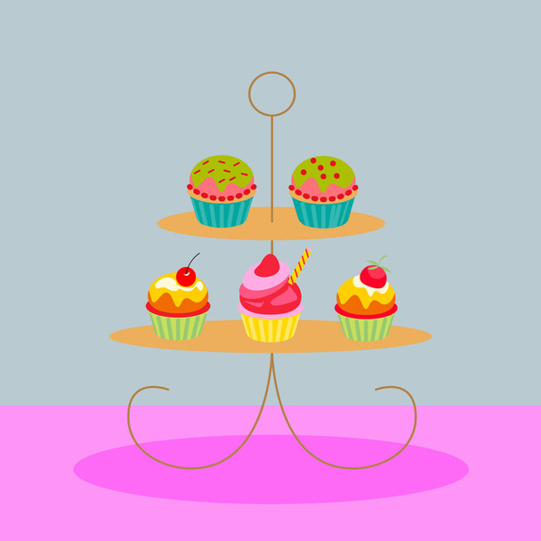 Vector illustratie. set van cupcakes op Cake stand isolared op kleurrijke achtergrond. vector ontwerpsjabloon. Een selectie van heerlijke cupcakes en muffins gepresenteerd op multi-tiered display stand. - Vector, afbeelding