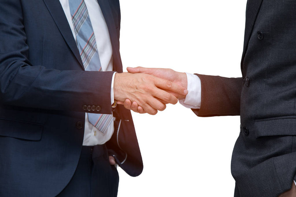 Two businessmen shaking hand together on white background; cooperation business with partnership - Photo, Image