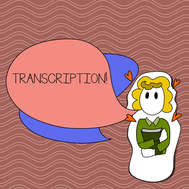 Teksti kirjoitetaan transkriptio. Business concept for Written or printed process of transcribing words text voice Girl Holding Book with Small Hearts Around her and Two Color Speech Bubble
. - Valokuva, kuva