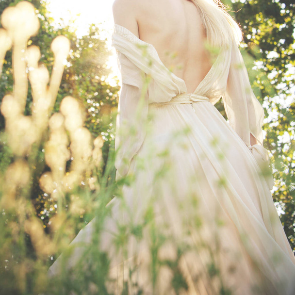  young woman in elegant dress, bare back,  summer day in field - Foto, imagen