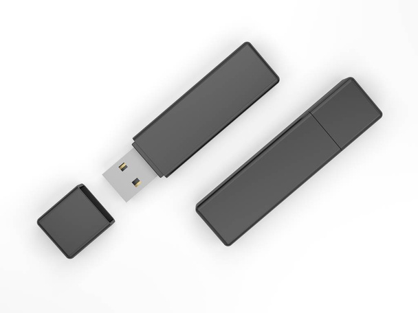 Lecteur flash Usb noir isolé sur fond blanc. Clé USB. Flash stick. - Photo, image