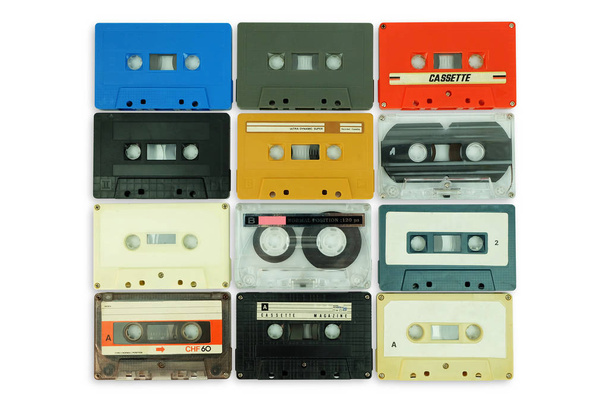 Collection of colorful old audio cassette tape isolated on a white background - Fotografie, Obrázek