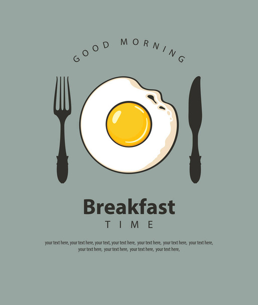 Breakfast banner with fried egg, fork and knife - ベクター画像