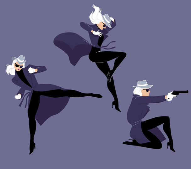 Misterio mujer personaje en tres poses de acción, EPS 8 vector ilustración
 - Vector, imagen