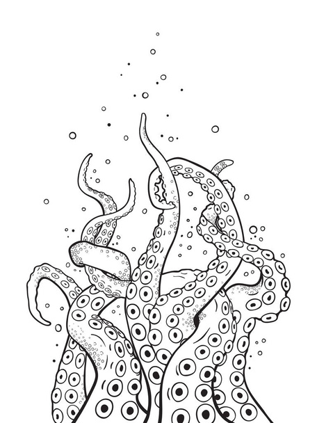 Octopus tentacles curl and intertwined hand drawn black and white line art coloring book pages for kids and adults vetor illustration. - Vektor, kép