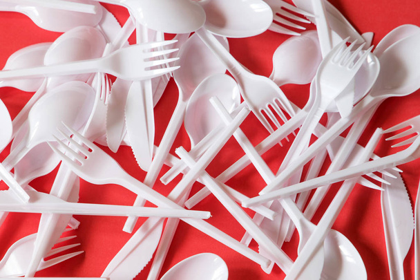 Plastic disposable cutlery, forbidden in European Union. - Φωτογραφία, εικόνα