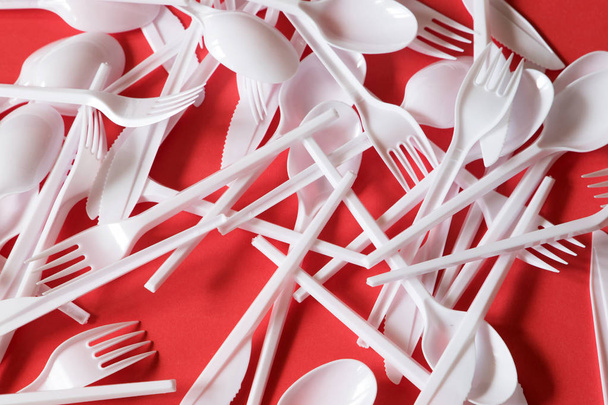 Plastic disposable cutlery, forbidden in European Union. - Φωτογραφία, εικόνα