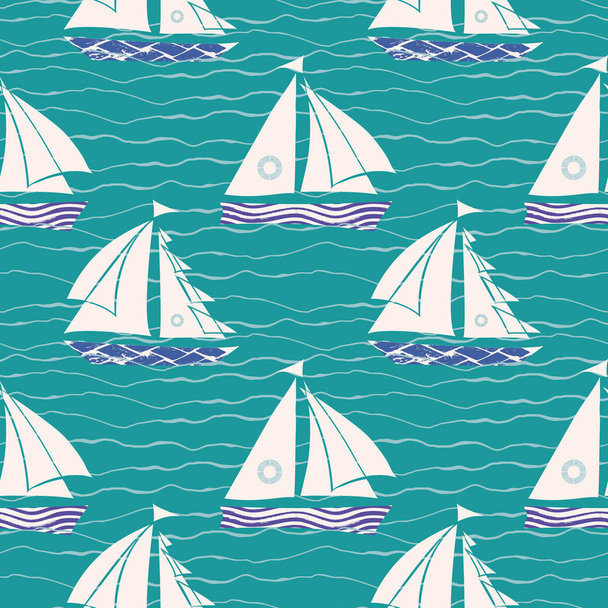 Hand drawn white and blue textured sail boats on striped doodle wave turquoise background. Seamless vector pattern. Great for spa, nautical, bathroom products, home decor, fabric, giftwrap, stationery - ベクター画像