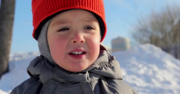 Dziecko z czerwonymi policzkami patrzy w odległości mroźny dzień zimą - Materiał filmowy, wideo
