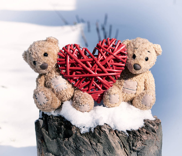 iki küçük oyuncak ayılar bir kütüğün üzerinde oturuyor  - Fotoğraf, Görsel